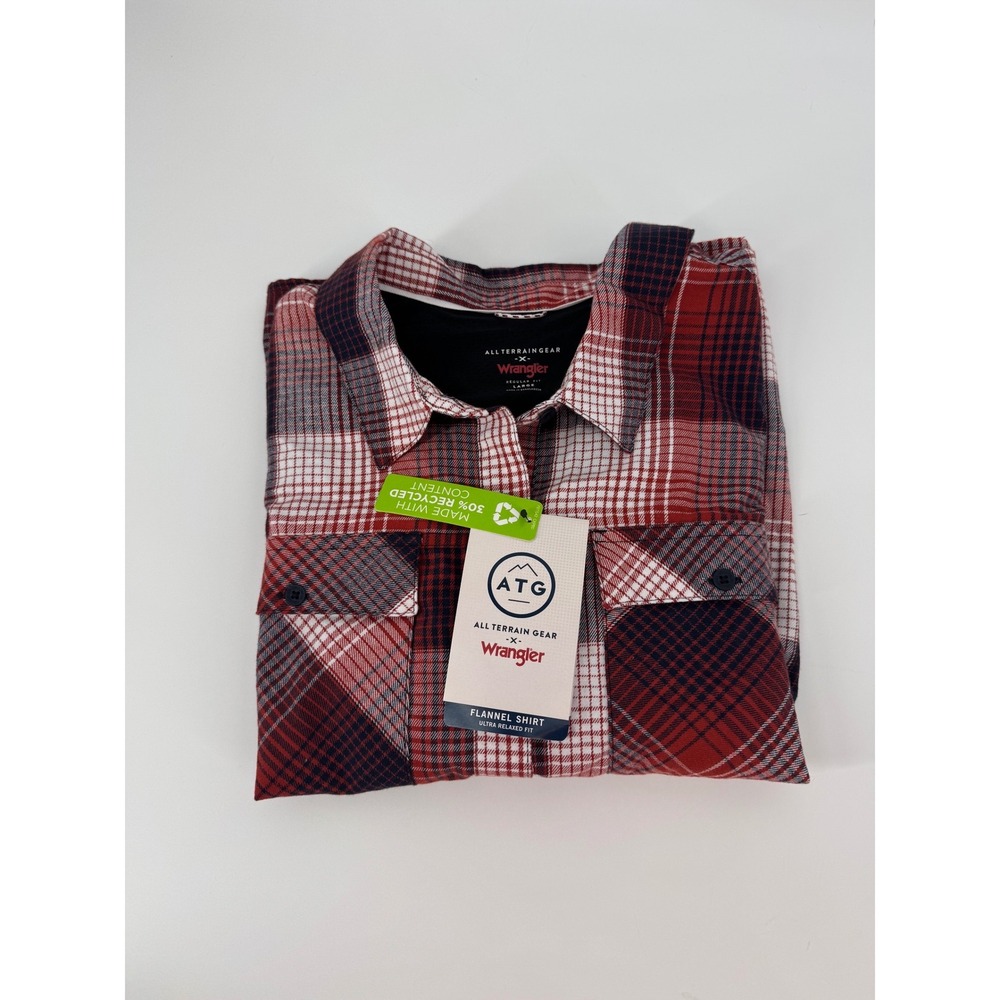 Wrangler ATG All Terrain Gear Mens Large Red Plaid Flannel Button Down Shirt NWT